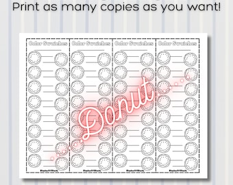 Może przedstawiać: Wydruk PDF z próbnikami kolorów w kształcie pączków. Dokument zawiera tekst "PDF DOWNLOAD" i "Print as many copies as you want!" wraz ze słowem "Donut" w różowym neonie. Każdy próbnik ma linię na nazwy kolorów.