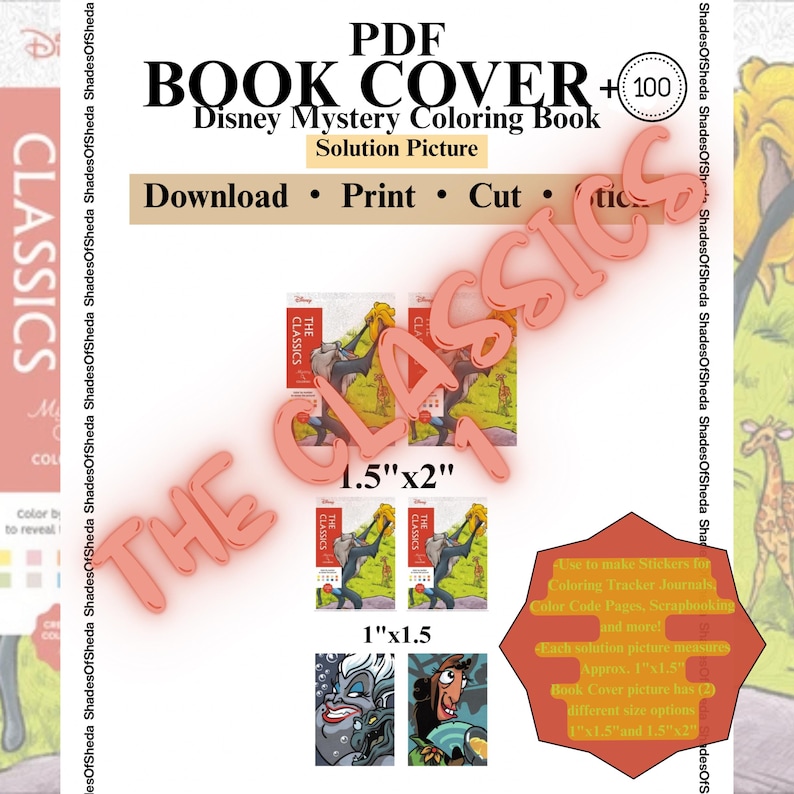 May include: PDF book cover for a Disney Mystery Coloring Book. The image includes the text "THE CLASSICS" in a pink font, along with images of the book covers. The book covers are available in two sizes: 1"x1.5" and 1.5"x2".