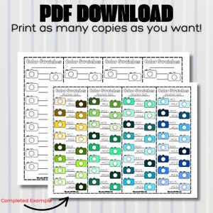 May include: A PDF download with color swatches for markers. The image features multiple sheets with rows of color swatches, each labeled with a marker set number. The text "PDF DOWNLOAD" and "Print as many copies as you want!" are at the top.