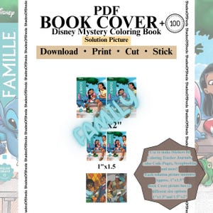 Puede incluir: Portada de libro PDF para un libro para colorear misterioso de Disney. La imagen presenta la palabra "FAMILIA" en fuente azul claro, con ilustraciones de personajes. El texto incluye "Descargar, Imprimir, Cortar, Pegar". Las imágenes de la portada del libro tienen dos opciones de tamaño: 2,5 cm x 3,8 cm y 3,8 cm x 5 cm.