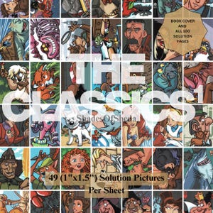 May include: A sheet of 49 cartoon illustrations, each approximately 1 inch by 1.5 inches, featuring characters from classic stories. The text "THE CLASSICS" is overlaid on the images, with additional text indicating the book cover and 100 solution pages.