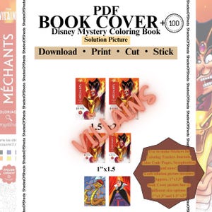 Może przedstawiać: Okładka książki PDF do kolorowania Disney Mystery. Obraz zawiera r&oacute;żowe słowo "VILLAINS", ilustracje złoczyńc&oacute;w Disneya i tekst "Download, Print, Cut, Stick."