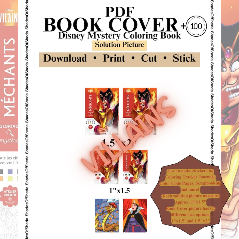 Może przedstawiać: Okładka książki PDF do kolorowania Disney Mystery. Obraz zawiera r&oacute;żowe słowo "VILLAINS", ilustracje złoczyńc&oacute;w Disneya i tekst "Download, Print, Cut, Stick."