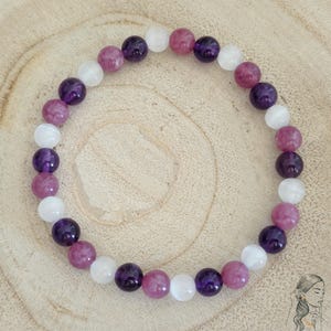 Sleep Bracelet, Natural Stone Amethyst, Lepidolite, Selenite, 6mm 8mm Beads, Well-being, Insomnia, Anti-stress, Healing, Women&#39;s Gift