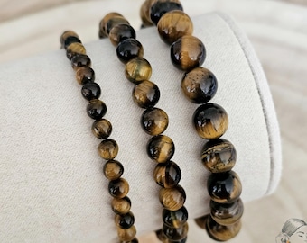 Tiger Eye Bracelet, Genuine Natural Stone, Semi-Precious Beads 4mm 6mm 8mm, Handmade, Protection Strength, Gift for Men Women Children