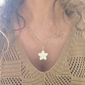 May include: A gold-colored chain necklace with a white flower pendant. The flower pendant has five petals. The necklace is worn over a tan, open-knit sweater.