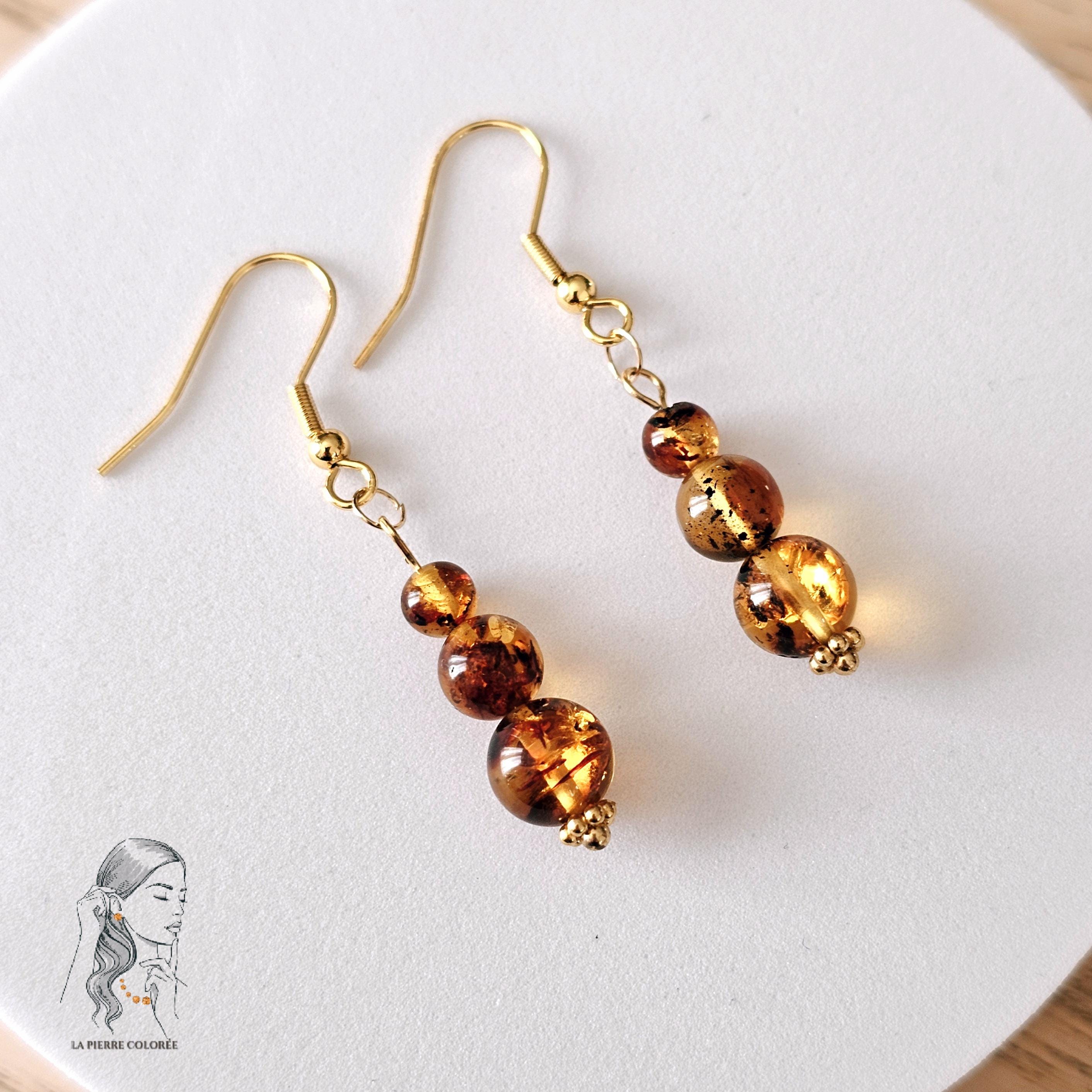 Boucles d'oreilles en or, ambre de la Baltique, pierre