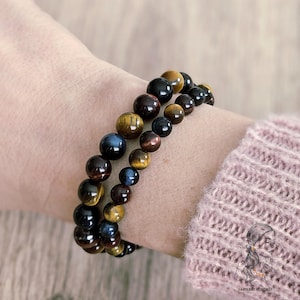 3 EYE BRACELET, Natural Stone Tiger Eye, Bull&#39;s Eye, Hawk&#39;s Eye, 6mm 8mm Beads, Triple Protection, 3 Eyes, Gift for Men and Women