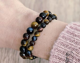 3 EYE BRACELET, Natural Stone Tiger Eye, Bull&#39;s Eye, Hawk&#39;s Eye, 6mm 8mm Beads, Triple Protection, 3 Eyes, Gift for Men and Women