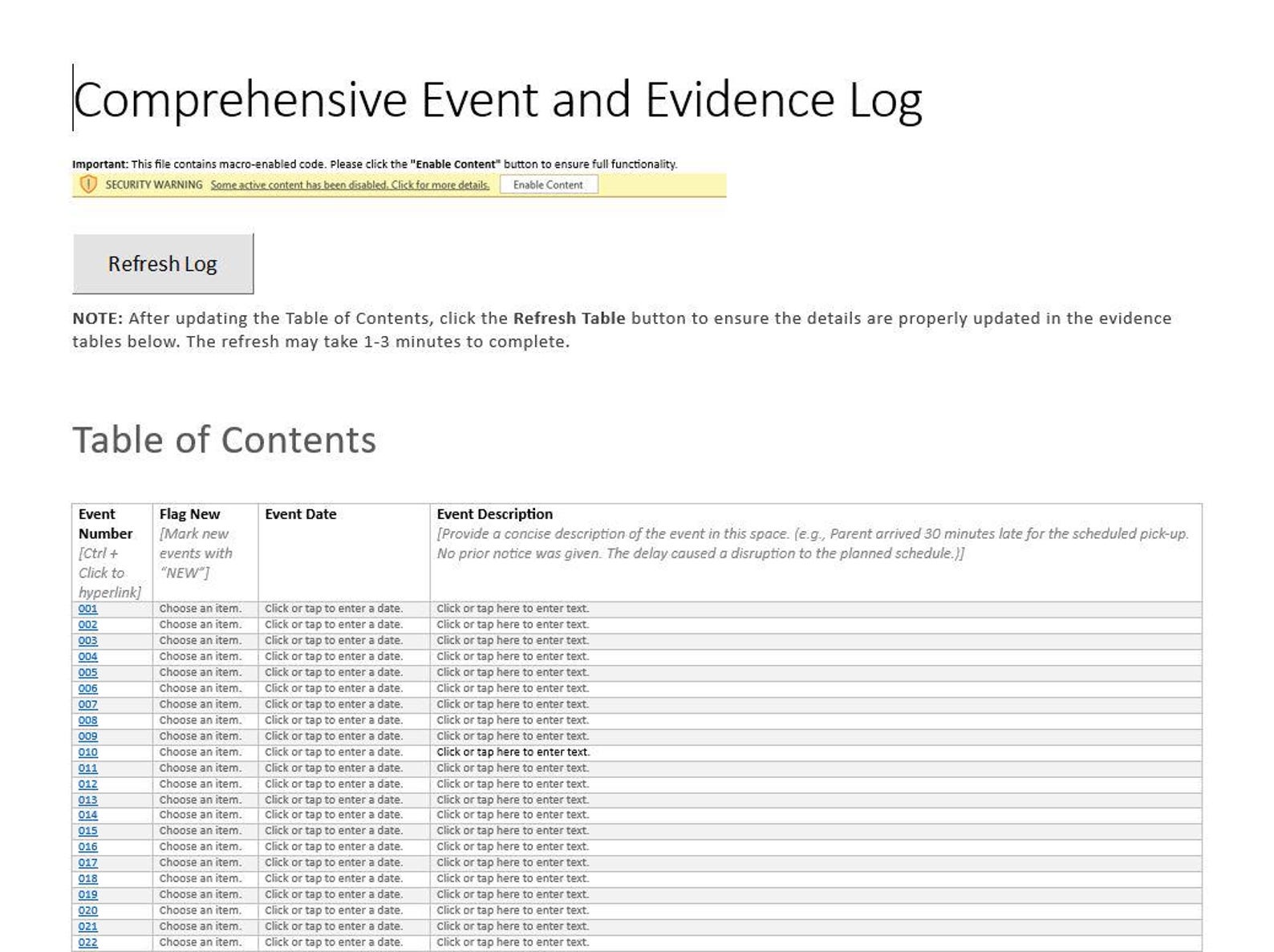 Evidence and Incident Tracking Log for Child Custody Family Court ...