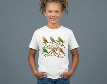 T-Shirt mit Wellensittich-Motiv für Jugendliche, farbenfrohes Vogel-Natur-Shirt
