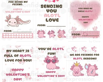 ACCESO INSTANTÁNEO / Tarjetas imprimibles para el Día de San Valentín con axolotl / Lindas tarjetas para intercambiar en el aula / Descarga digital / Tarjetas de San Valentín para imprimir en casa