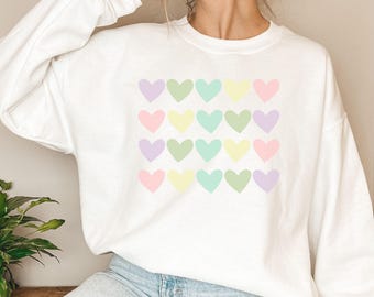 Pastel Hearts Crewneck Sweatshirt, Valentine's Day Cute Sweater, Love Pullover, Heart Pattern Sweater, Romantic Sweatshirt Gift