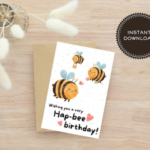 Printable Birthday Card, Bee Happy Birthday Card, Downloadable Card