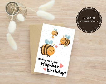 Printable Birthday Card, Bee Happy Birthday Card, Downloadable Card