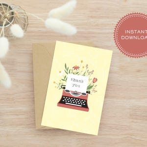 Printable Thank You Card, Typewriter Yellow Floral Thank You, Downloadable Card