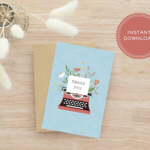Printable Thank You Card, Typewriter Floral Thank You, Downloadable Card