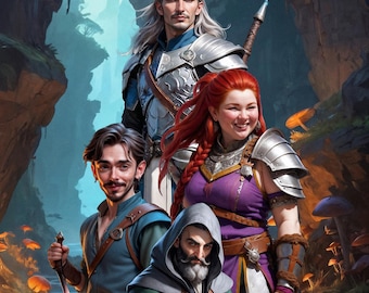 May include: A digital illustration of four fantasy characters in a cave setting. The characters are dressed in armor and robes, with swords and a book. The color palette includes blues, purples, and greens.
