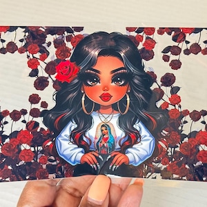 Latina Chola UVDTF Wrap | Virgen de Guadalupe Cup Decal | Ready to Press 16 oz Glass Wrap | No Weeding | Floral Glam Transfer| UVDTF Sticker