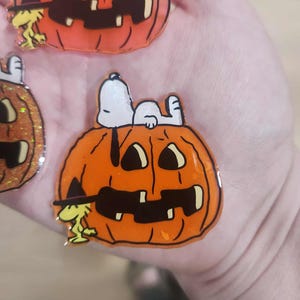 Puede incluir: Un broche de acr&iacute;lico brillante que muestra una calabaza de Halloween de color naranja intenso con una cara tallada en negro. Un perro blanco descansa sobre la calabaza, mientras un peque&ntilde;o p&aacute;jaro amarillo con sombrero de bruja est&aacute; al lado.