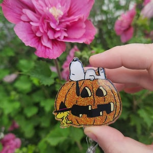 Puede incluir: Un portatarjetas de calabaza naranja con purpurina que presenta a un perro Snoopy blanco acostado encima y un p&aacute;jaro Woodstock amarillo con un sombrero de bruja negro en la base. El dise&ntilde;o tiene un acabado acr&iacute;lico transparente y un clip.