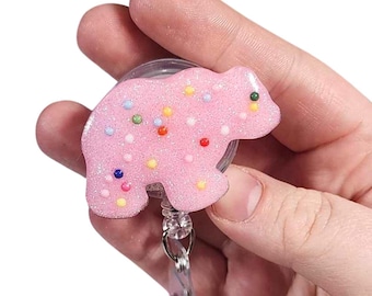 Animal Cookie Badge Reel: Pink Sprinkled Retractable ID Holder