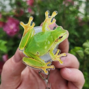 May include: A green frog badge reel with yellow accents. The frog is depicted with detailed features and is attached to a retractable reel with a metal clip. The background is blurred, with green foliage and pink flowers.