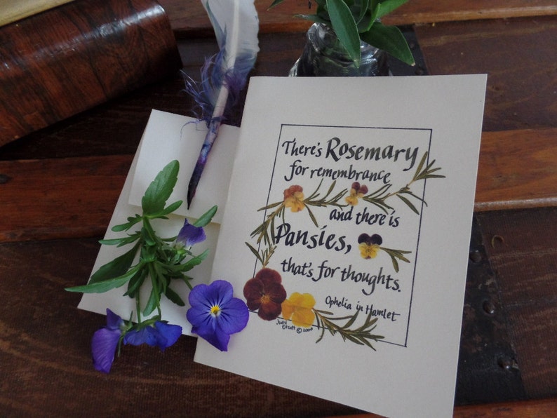 Shakespeare Quote Card. Hamlet, Ophelia, Renaissance, Valentine, Rosemary, Pansies, Thinking