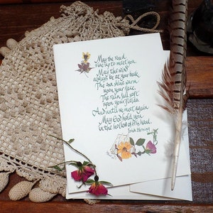 Irish Blessing, pressed flower card, May the road rise up to meet you, calligraphy, giclee print, recycled blank note card, w317 image 2