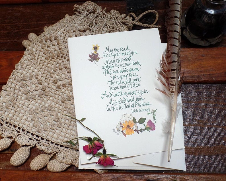 Irish Blessing, pressed flower card, May the road rise up to meet you, calligraphy, giclee print, recycled blank note card, w317 image 2