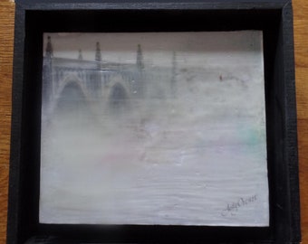 Office art | encaustic | Fog |Susquehanna river | bridge | beeswax | encaustic paint | heritage art | | wood frame | housewarming gift