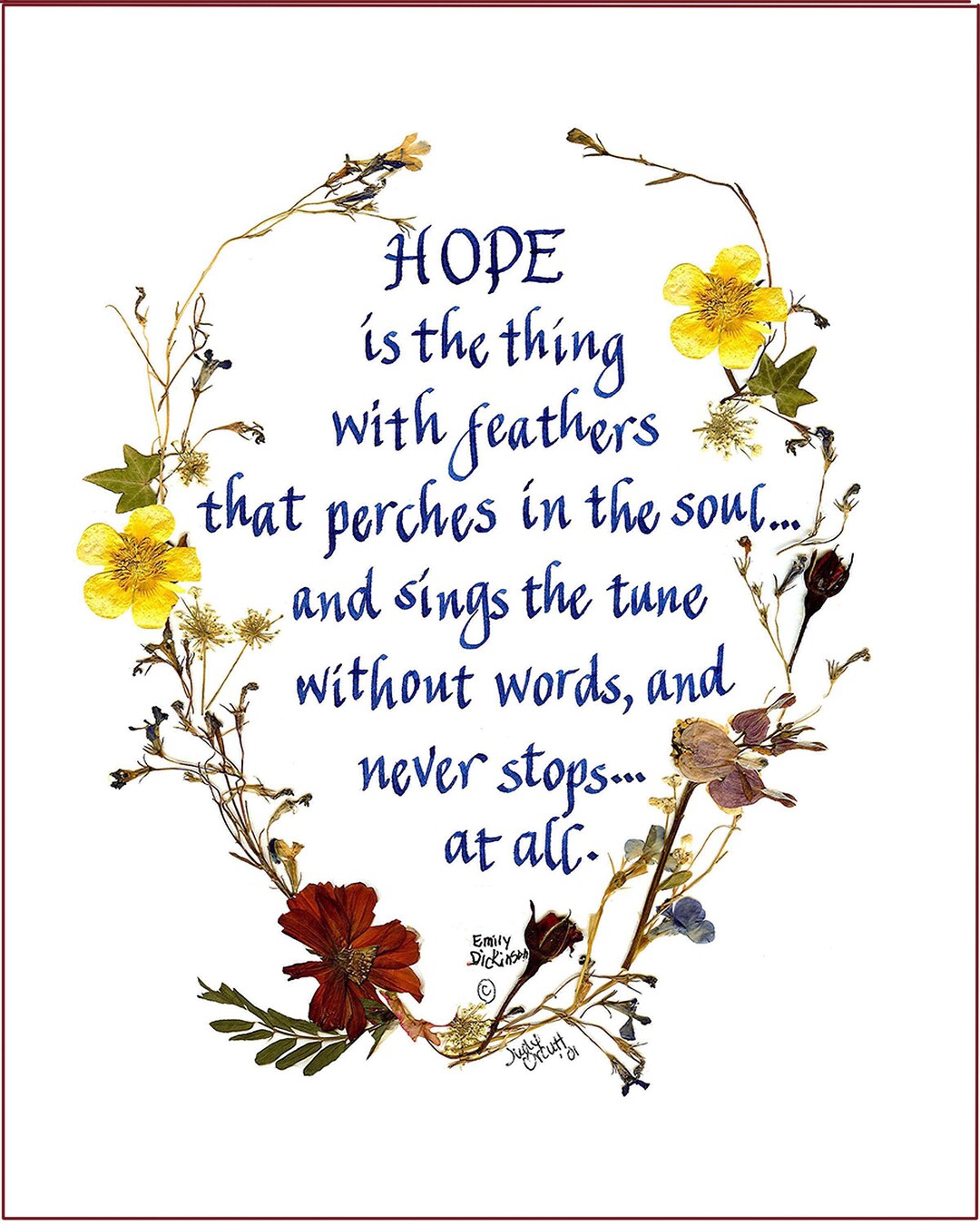 Hope, Emily Dickinson Card, Calligraphy, Pressed Flowers, Print