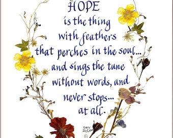 Hope, Emily Dickinson card, calligraphy, pressed flowers, print, notecard,  blank, Poetry, Victorian. empathy, get well, healing