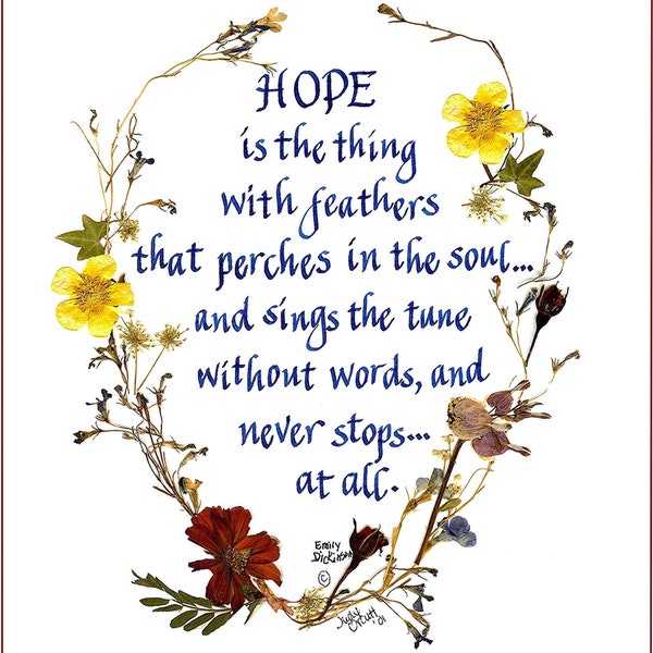 Hope, Emily Dickinson card, calligraphy, pressed flowers, print, notecard,  blank, Poetry, Victorian. empathy, get well, healing