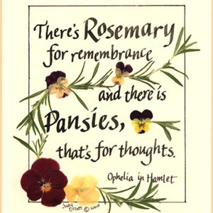 Shakespeare quote card. Hamlet, Ophelia, Renaissance, Valentine, rosemary, pansies, thinking about you, get well, recycled paper image 2