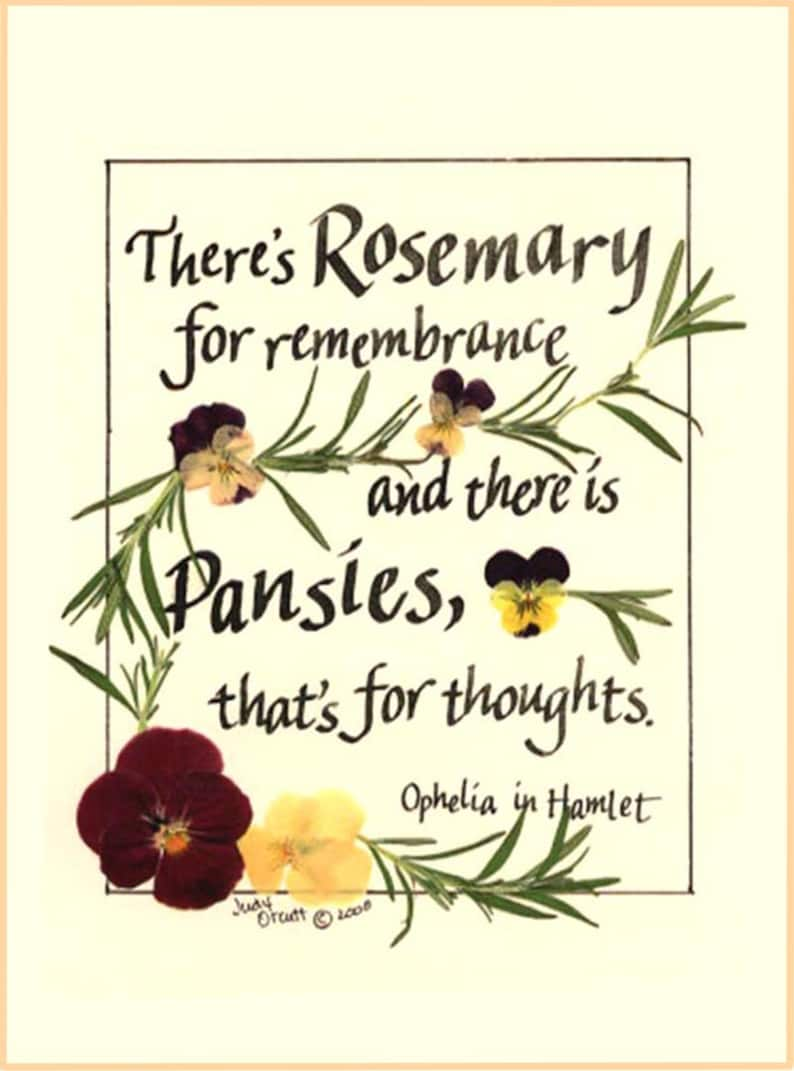 Shakespeare quote card. Hamlet, Ophelia, Renaissance, Valentine, rosemary, pansies, thinking about you, get well, recycled paper image 2