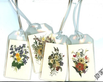 Garden club, Luggage or bag tags, pressed flower print in clear plastic. ID on back, choose 1 design,  suitcase, bookbag, computer