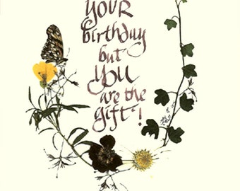 It's Your Birthday card, vintage inspired,special birthday,your birthday, calligraphy, pressed flowers, Victorian birthday, butterfly