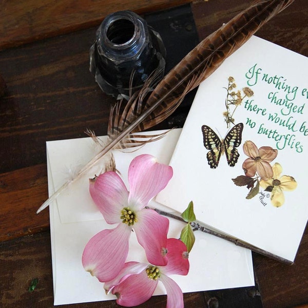 Sympathy card, blank note card, Butterflies, Heartfelt, sentiment, pressed flowers. calligraphy. dogwood, print, Dorothy Hamill, q612