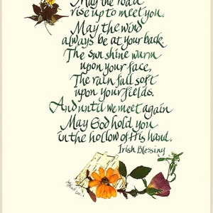 Irish Blessing, pressed flower card, May the road rise up to meet you, calligraphy, giclee print, recycled blank note card, w317 image 1