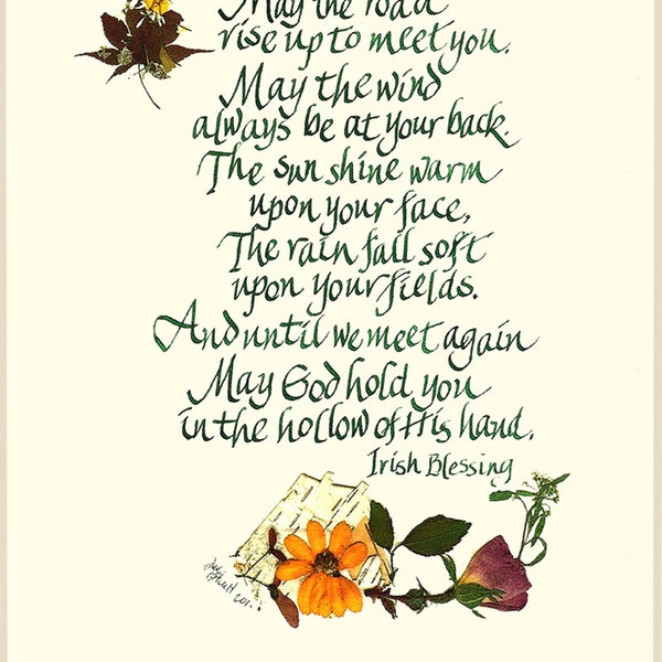 Irish Blessing, pressed flower card,  May the road rise up to meet you, calligraphy, giclee print, recycled blank note card, w317