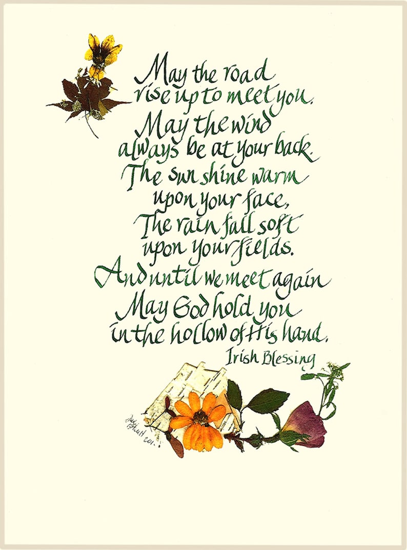 Irish Blessing, pressed flower card, May the road rise up to meet you, calligraphy, giclee print, recycled blank note card, w317 image 1