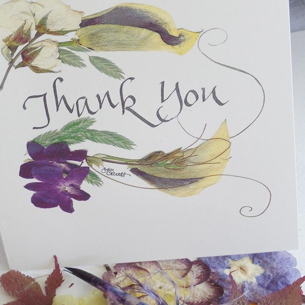 Thank You card, recyled, pressed flower art, giclee print, wedding thank you card, calligraphy, blank for your message, Etsy wholesale