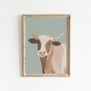 Estampado de vaca marrón, póster de animales de granja rústicos, arte de pared azul sureño, decoración de granja, estética neutra, arte de pared campestre, impreso y enviado
