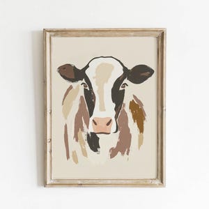 Estampado de vaca boho, arte de pared de estilo rústico neutro, decoración rústica del oeste, póster de animales del campo, arte de pared en beige topo, estética minimalista de vaqueros