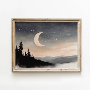 Crescent Moon Forest Painting, Cozy Rustic Wall Art, Woodland Bedroom Decor, Night Sky Artwork, Dark Blue Kids Room Decor, Printed & Shipped