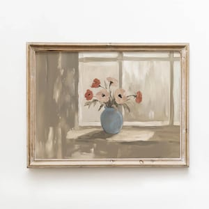 Estampado de flores rosas y rojas, cuadro con jarrón azul, arte de pared de estilo rústico, decoración cottagecore, póster floral vintage acogedor, impreso y enviado