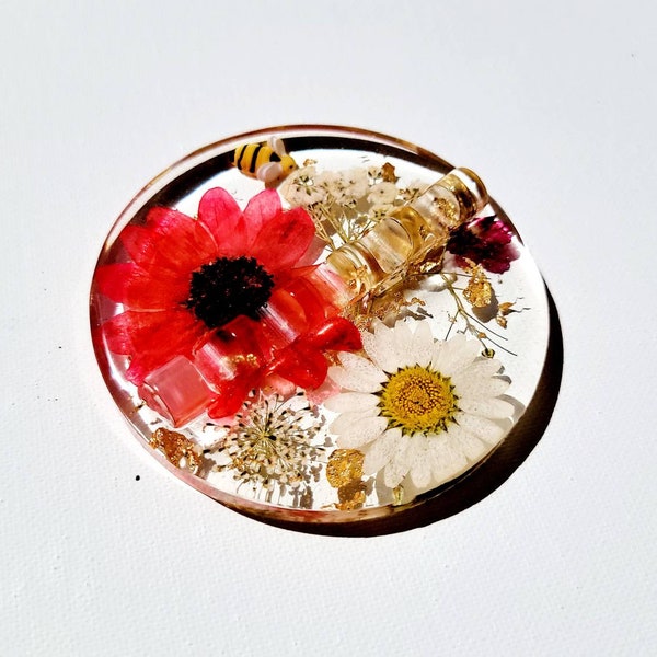 Paint Brush Holder made from Resin, Red Sun Flowers White gold flakes, gift for artist, Paint Brush Rest, gift for painter