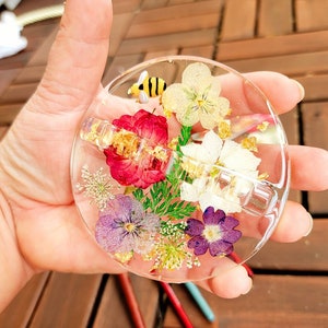 Paint Brush Holder, Red, Purple, White Flowers, Bumblebee, Paint Brush Holder Pressed flowers with gold flakes and foliage , Artist Gift image 1