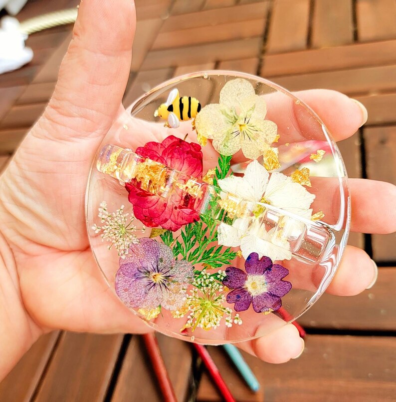 Paint Brush Holder, Red, Purple, White Flowers, Bumblebee, Paint Brush Holder Pressed flowers with gold flakes and foliage , Artist Gift image 1